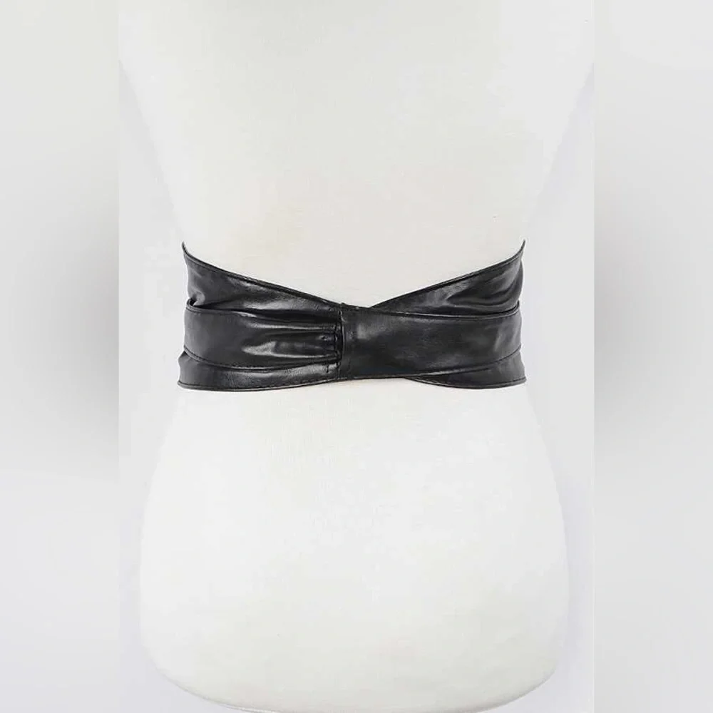Women’s Wide Corset Faux Leather Wrap Around Tie Belt